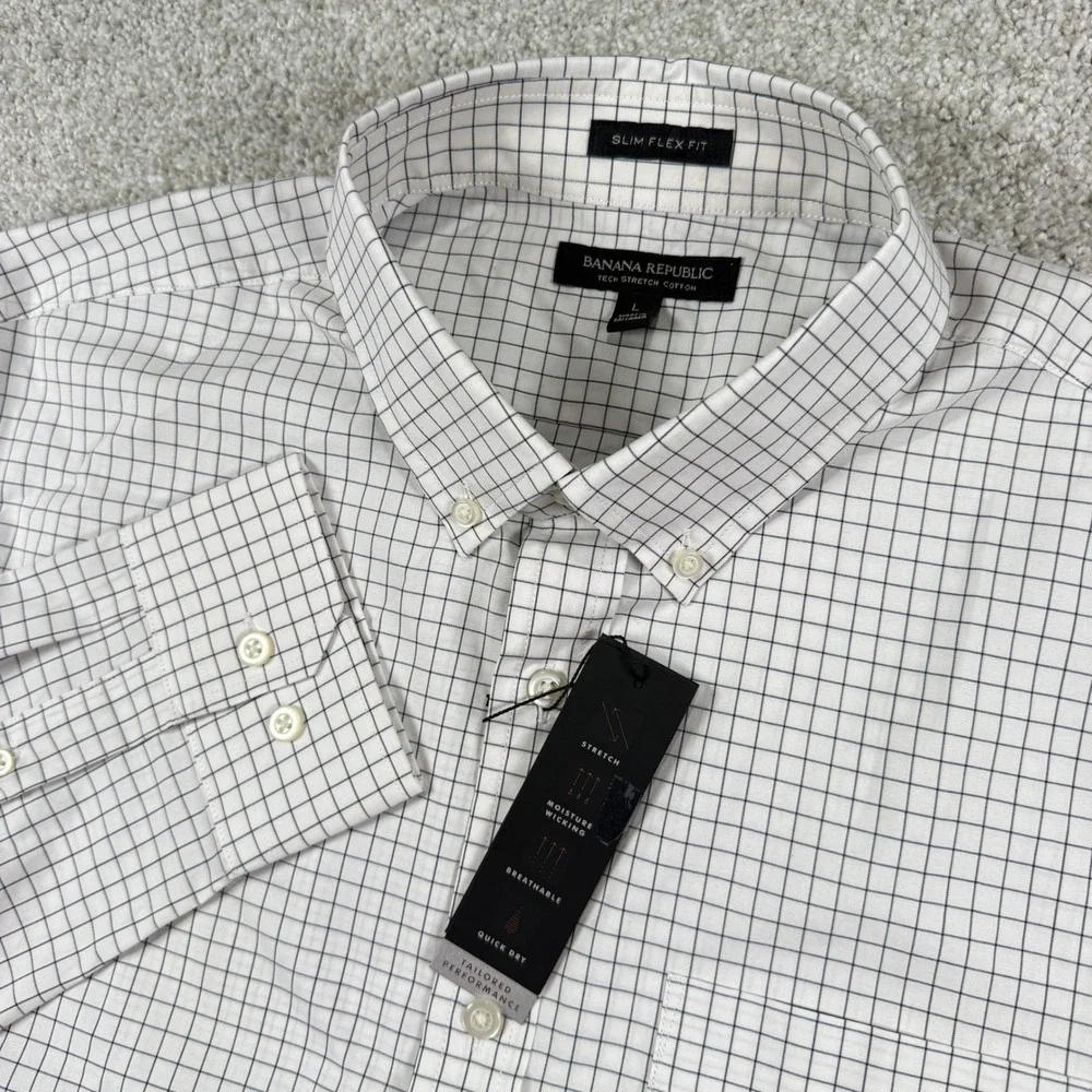 Banana Republic Dress Shirt Mens L White Tech Stretch Cotton Slim Flex Fit Check